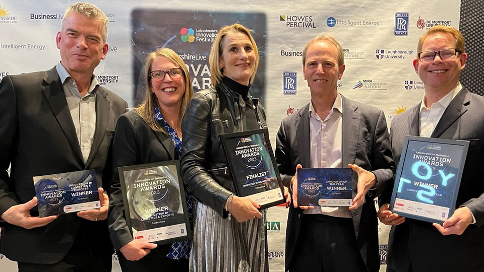 CarbonVue project partners (left to right): Chris Clemmow (SupplyVue), Clare Bailey (Tata Steel UK), Jan Godsell (Loughborough University Dean of Business and Economics), Andy Birtwistle (SupplyVue), Tim Stephenson (Tata Steel UK) 